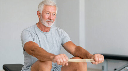 Senior man performing seated leg extensions for fitness and longevity in gym setting