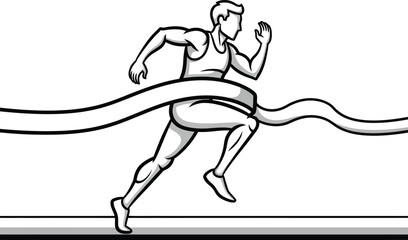 Black and white line art of a muscular male runner breaking the finish line tape.