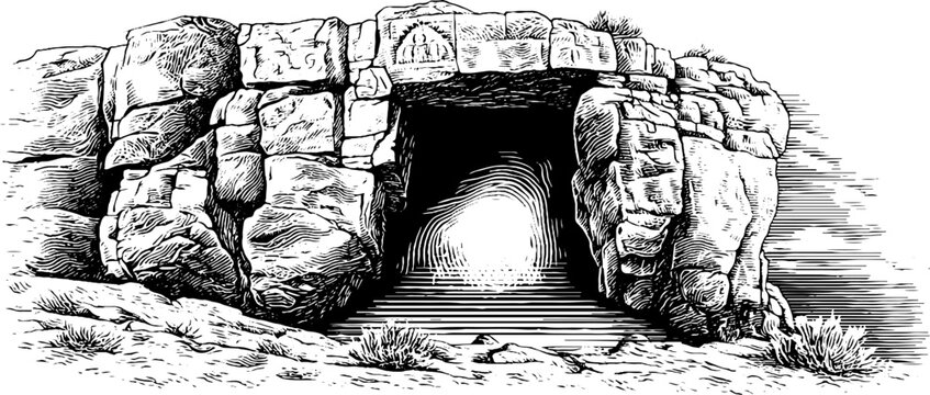 Engraved decorative illustration of a cliff shrine wall niche with intricate details for design