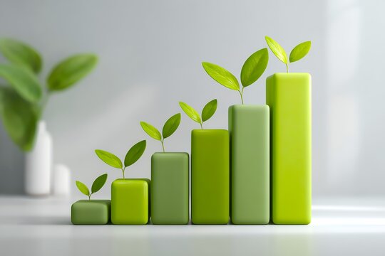 Sustainable growth concept with green bar graphs topped with leaves - Powered by Adobe