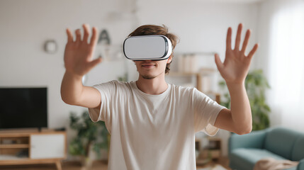 A man wearing a virtual reality headset, engaging with immersive digital experiences in a modern home environment.