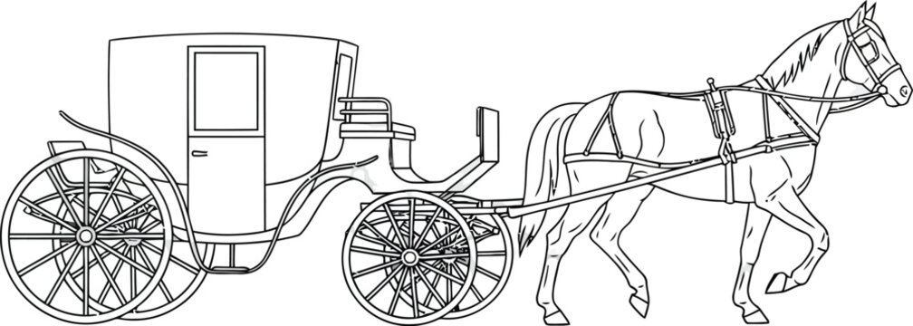 Classic singlehorse drawn enclosed carriage with spoked wheels a detailed black and white line art illustration.