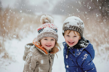 Smiling Kids Playing Outside on a Snowy Day