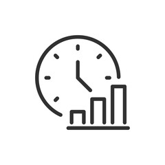 Clock with chart, linear icon. Time analytics and performance tracking. Line with editable stroke.