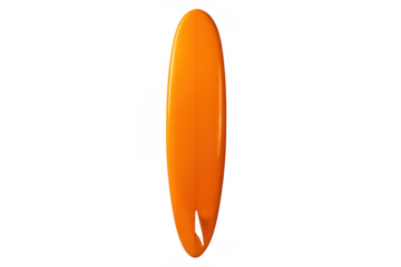 Orange longboard surfboard, bright vibrant color, standing upright, ready for water sports activity, isolated transparent background
