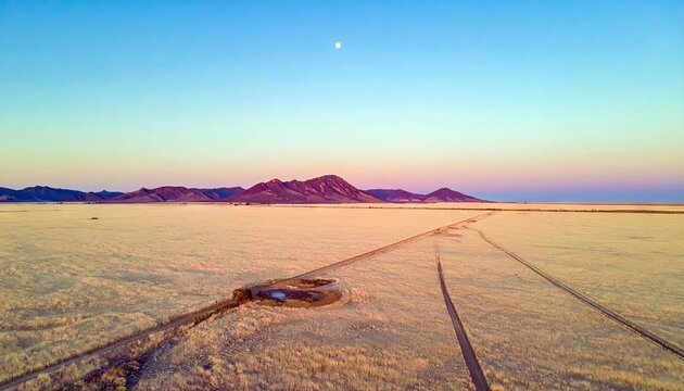 Aerial view of a vast desert landscape at sunset, featuring mountains in the distance, a dirt road, and the moon in the sky. The scene is bathed in warm, colorf