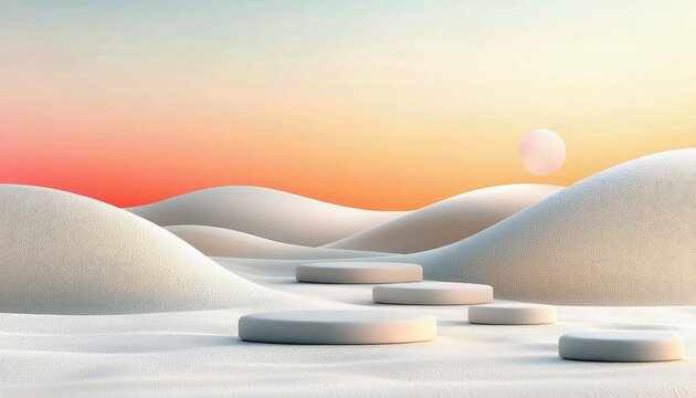 A minimalist desert landscape with rolling sand dunes and product display platforms, bathed in the warm light of a sunset.