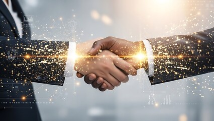 Digital Partnership Synergy: A close-up shot of a handshake between two business professionals, enhanced with digital particles symbolizing collaboration and innovative connection.