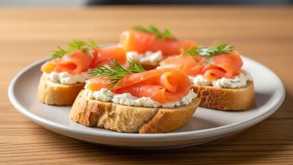 Smoked Salmon Crostini Appetizers with Cream Cheese and Dill on