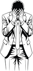 Dramatic black and white line art of a businessman in a suit covering his face with his hands in despair.