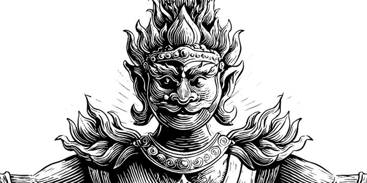 Engraved decorative illustration of fire guardian deity - mythical art design for posters and prints