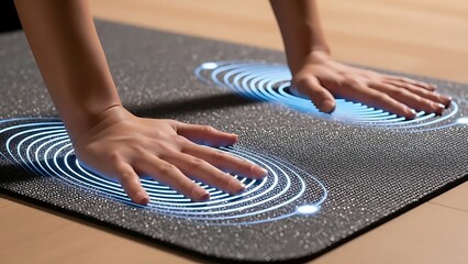 Interactive Fitness Platform: Woman's hands press onto a smart exercise mat with glowing interactive zones, guiding and tracking movements for an enhanced workout experience.