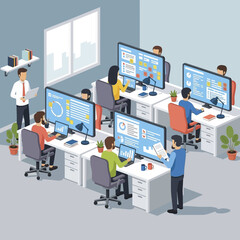 People working in a modern office environment with computers.