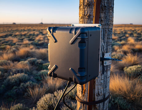 Durable outdoor data collection unit integrated onto a utility post in an arid environment at sunset