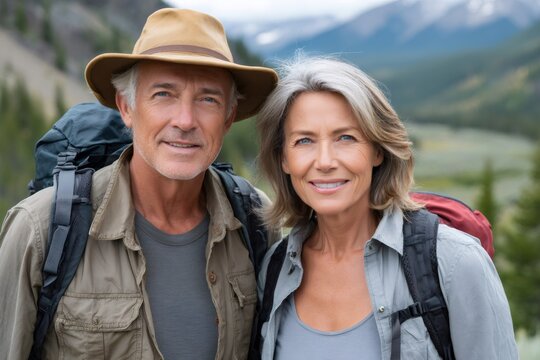 Senior couple hiking enjoying mountain nature together