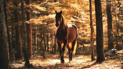 A sleek bay mare trots through a serene sun-dappled autumn forest stepping over golden fallen leaves