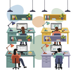 People working in a modern office environment at their desks.