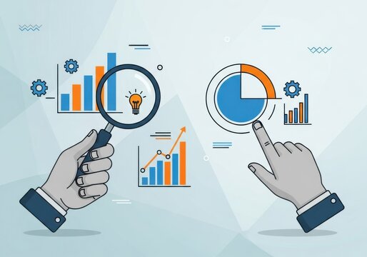 Business professionals analyzing data with magnifying glass and touchscreen interface