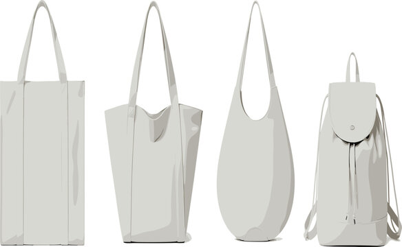 Set of Modern Minimalist Shopping Bags Tote Bag Hobo Bag and Drawstring Backpack Casual Accessories Fashion Mockup Vector