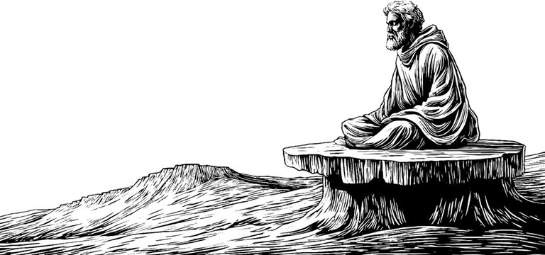Engraved illustration of a hermit meditating on hillside for spiritual retreat design