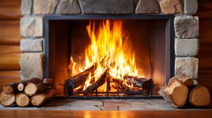 Obraz premium Burning logs in a stone fireplace heating home
