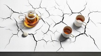 Tea pot and cups on cracked white surface with tea inside  