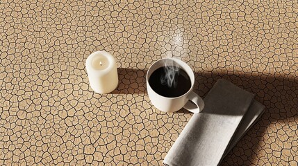 Hot coffee cup with steam and candle on textured background  