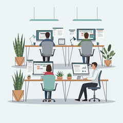 People working in an office environment with computers and plants.