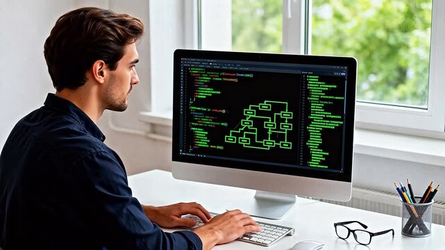 Man working on computer with code