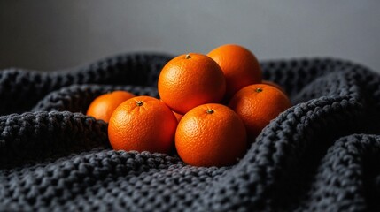 Fresh oranges arranged on dark textured blanket in natural light  