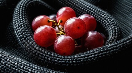 Red grapes placed on textured black fabric background  