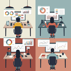 People working on computers analyzing data in an office environment.