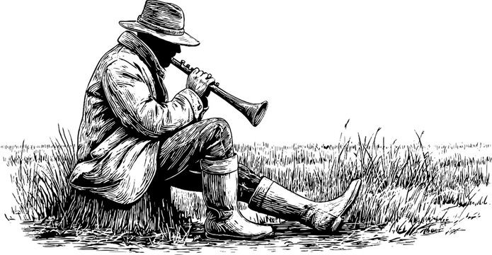 Medieval shepherd playing flute seated on tree stump - engraved decorative scene