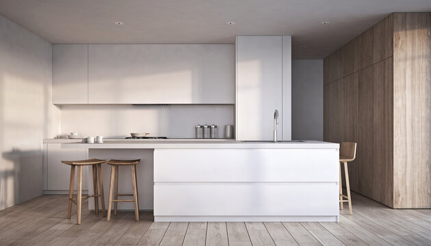 Modern minimalist kitchen design featuring a white island, wooden stools, and natural light.