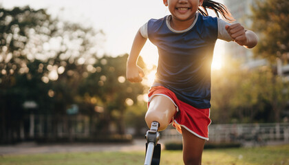A young girl with a prosthetic leg runs happily on a track during a sunny day.