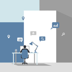 Person working at a desk with data analysis icons.