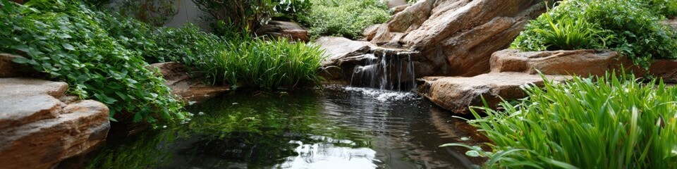 Fototapeta premium Tranquil garden pond with lush greenery and small waterfall in natural setting