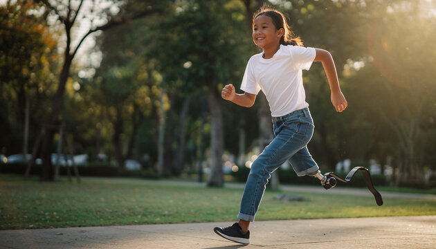 A young girl with a prosthetic leg runs happily through a park on a sunny day.