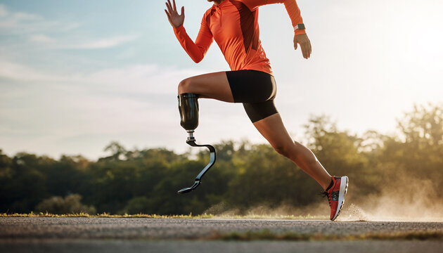 A person with a prosthetic leg running on a track during a sunny day, demonstrating athleticism.