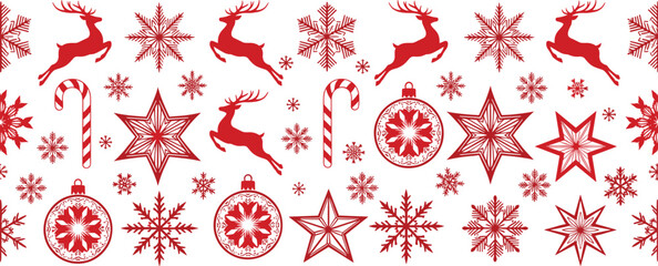 Red Christmas Pattern Featuring Reindeer, Snowflakes, Candy Canes, Stars, and Ornaments on White Background for Seasonal Holiday Decor