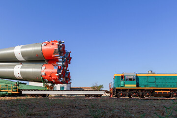 Transportation of a space rocket to the launch site on a special railway platform.