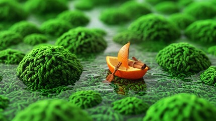 Small orange boat floating on green mossy water surface  
