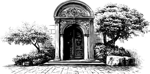 Fototapeta premium Renaissance ornamental architecture engraving with decorative doorway and foliage