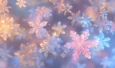 A 3D neon snowflake pattern composed of various sizes and shapes, glowing in soft luminous colors