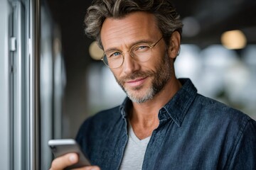 Confident mature man using smartphone smiling at camera