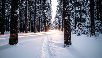 Snowy path leading through a forest in winter