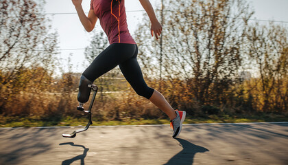 A person with a prosthetic leg runs on a road during a sunny day, demonstrating athleticism.