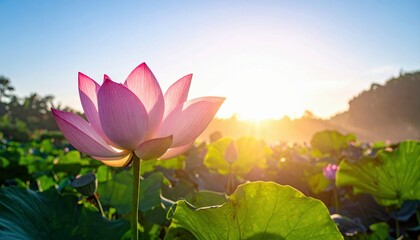 A beautiful pink lotus flower blooms in a pond, illuminated by the bright sunlight, creating a serene and peaceful scene.