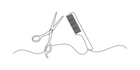Continuous line drawing of scissor and comb. Hair cut and barbershop aesthetic logo.