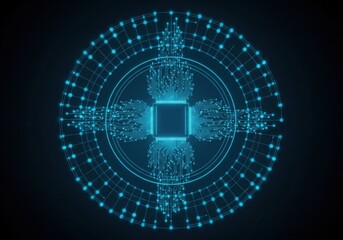 Abstract digital circuit board with glowing blue circuit lines and nodes forming a circular pattern